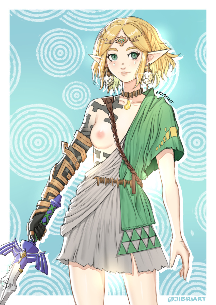 1girls archaic_tunic blonde_hair breast casual clothing female humanoid hylian jibriart link_(cosplay) nipple one_breast_out pale_skin princess_zelda short_hair tears_of_the_kingdom the_legend_of_zelda weapon zelda_(tears_of_the_kingdom) zelda_protagonista