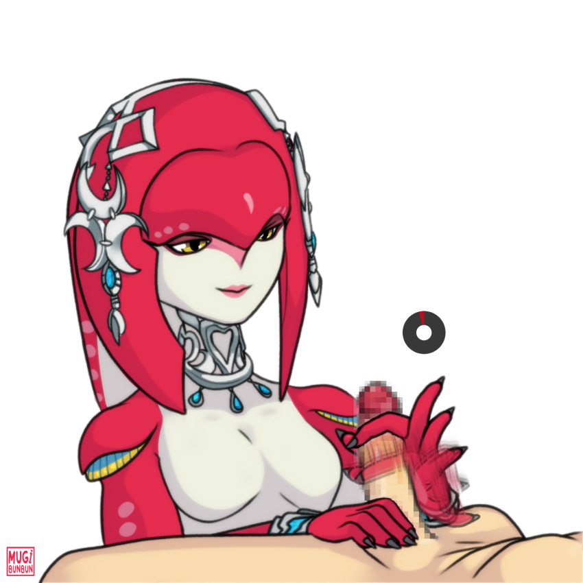 1boy 1girls 2023 artist_name breath_of_the_wild censored censored_penis female handjob lipstick male mipha mosaic_censoring mugibunbun nintendo no_nipples partial_male penis pink_lipstick small_breasts stamina_wheel the_legend_of_zelda the_legend_of_zelda:_breath_of_the_wild white_background yellow_eyes zora