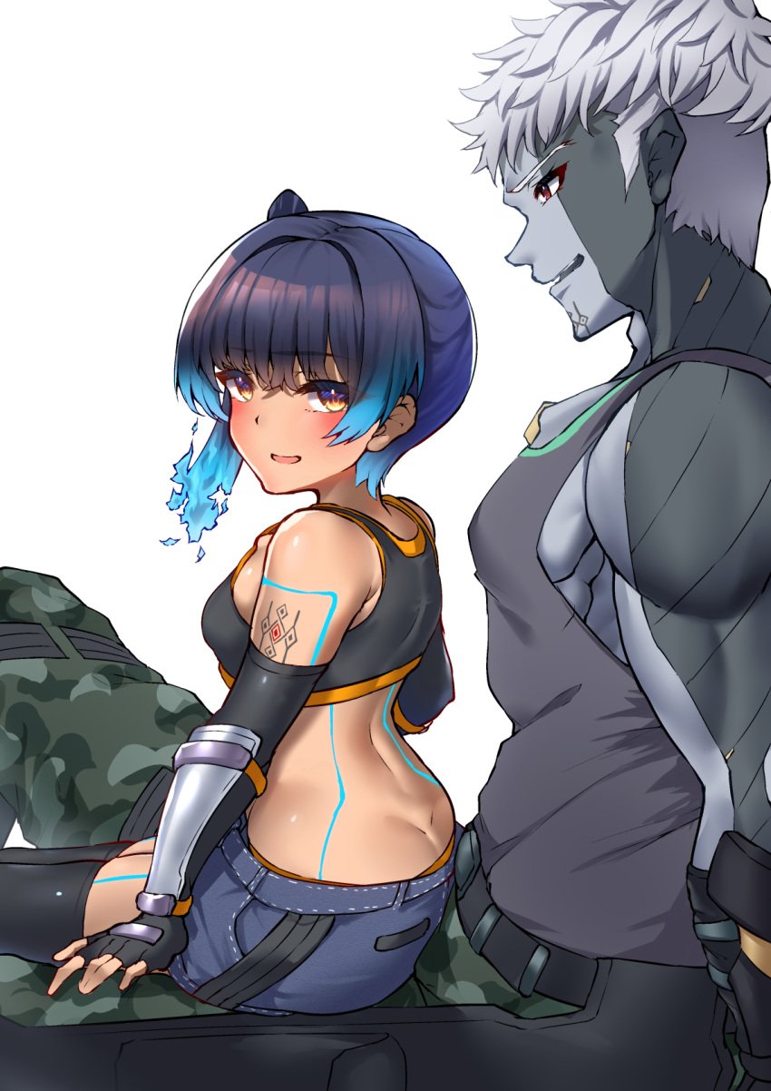 1boy 1girls ass big_ass blue_hair blush breasts brown_eyes denim denim_shorts female fingerless_gloves gloves highres lanz_(xenoblade) legs male medium_breasts midriff open_mouth pants red_eyes sabanomi_soni sena_(xenoblade) shorts side_ponytail sitting sitting_on_person smile tank_top tattoo teasing thighs white_hair xenoblade_(series) xenoblade_chronicles_3