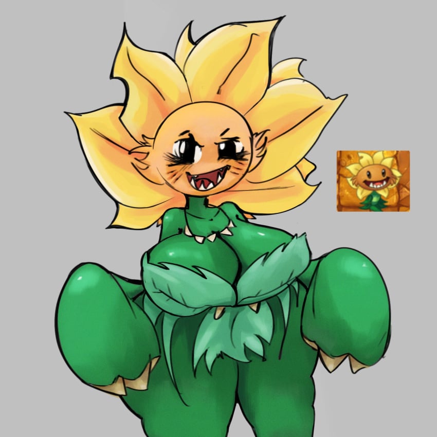 1female 1girls big_boobs big_breasts female female_focus female_only green_skin grey_background large_breasts leaf_clothing plant plantie plants_vs_zombies primal_sunflower_(pvz) simple_background soso sosohipus tagme thick thick_thighs thighs