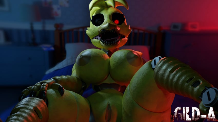 3d_(artwork) animatronic anthro avian bed breasts digital_media_(artwork) female five_nights_at_freddy's five_nights_at_freddy's_4 furniture genitals gild-a hi_res looking_at_viewer machine nightmare_chica nightmare_chica_(fnaf) nipples pussy robot scottgames sharp_teeth solo teeth