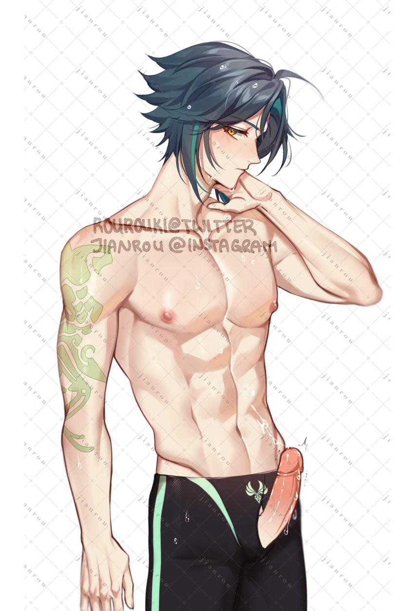 1boy abs arm_tattoo black_male_swimwear closed_mouth genshin_impact green_hair highres male_focus male_only male_swimwear multicolored_hair muscular muscular_male navel nipples penis rourouki solo tattoo topless_male water_drop white_background xiao_(genshin_impact) yellow_eyes