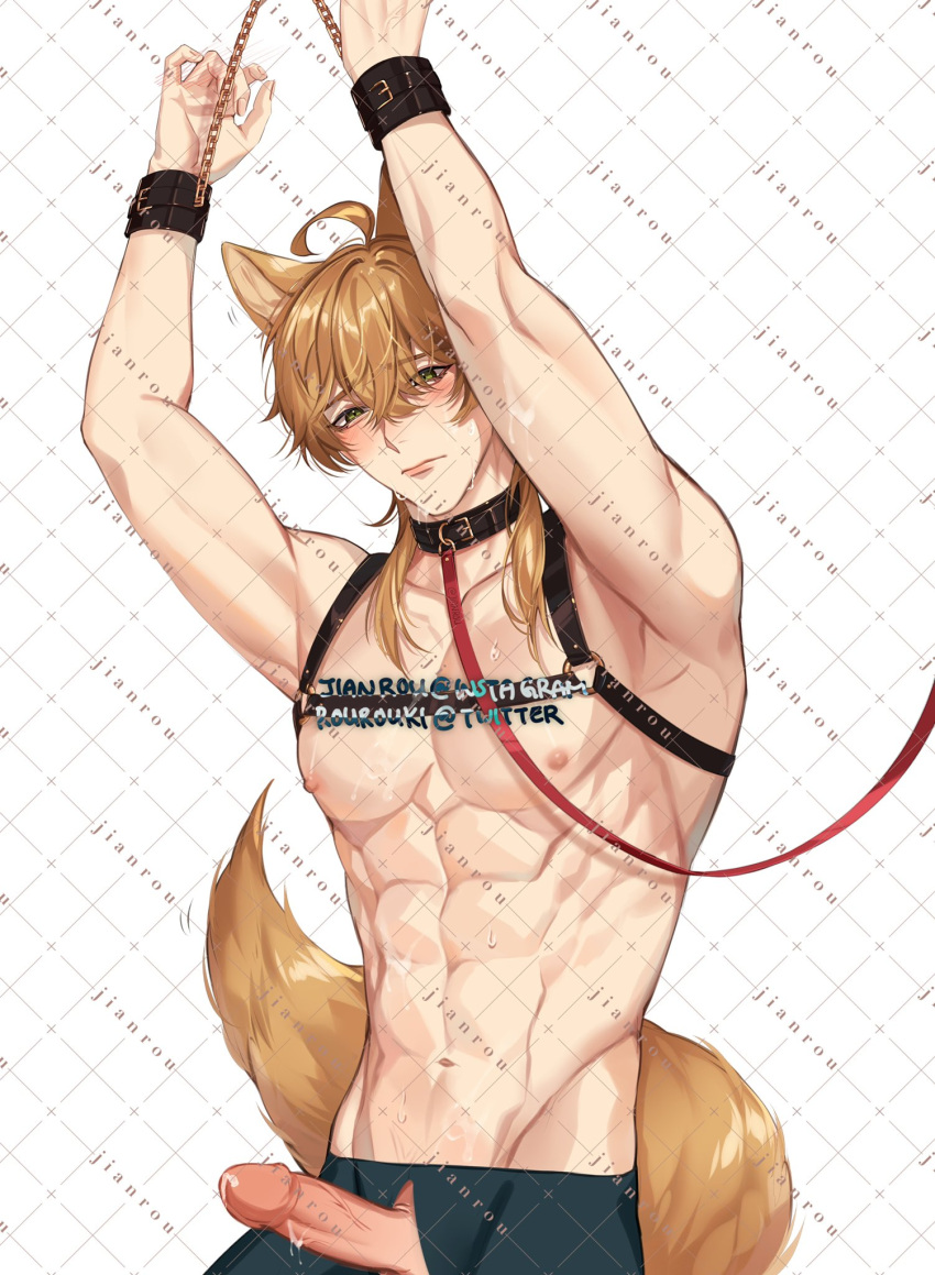 1boy abs animal_ears arms_up blonde_hair blue_pants cat_ears cat_tail closed_mouth collar cuffs cum_on_penis genshin_impact green_eyes hair_between_eyes handcuffs highres long_hair male_focus male_only muscular muscular_male pants penis rourouki tail thoma_(genshin_impact) topless_male yellow_tail