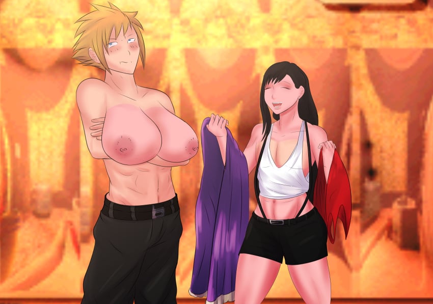 attribute_swap attribute_theft body_part_swap body_part_transformation breast_expansion breasts breasts_bigger_than_head breasts_out busty_boy cloud_strife embarrassed final_fantasy final_fantasy_vii flat_chest gender_transformation genderswap genderswap_(mtf) giant_breasts height_difference huge_breasts implied_transformation male_with_breasts mari-pan role_reversal size_comparison size_difference tagme tifa_lockhart topless transformation