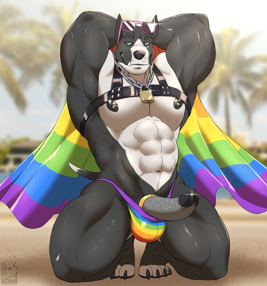 1boy 2022 abs absurd_res anthro artist_logo beach biceps black_body black_fur black_nipples canid canine canis chains claws daxx_(shirteater18) domestic_dog eyewear fur furry gay genitals green_eyes grey_penis hands_behind_head harness hi_res kneeling lgbt_history_month lgbt_pride logo male male_focus male_only mammal multicolored_body multicolored_fur muscular nelldemon nipple_piercing nipples nude padlocked_collar palm_tree pecs penis piercing pit_bull plant pride_colors rainbow_flag rainbow_pride_flag rainbow_symbol sand seaside solo sunglasses toe_claws tree triceps vein veiny_penis white_body white_fur