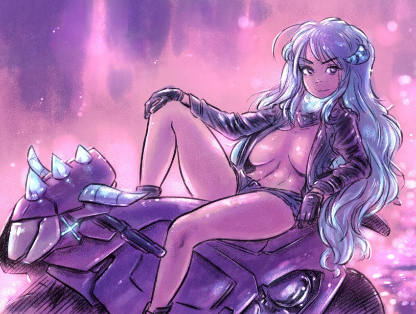 1girls belly_button bike black_gloves blue_eyes blue_hair confident dullahan female female_only gloves hand_on_own_knee inner_sideboob jacket jd_benefield light-skinned_female light_skin looking_at_viewer monster_girl on_bike open_jacket prism_project smile solo vehicle virtual_youtuber yura_rikudou