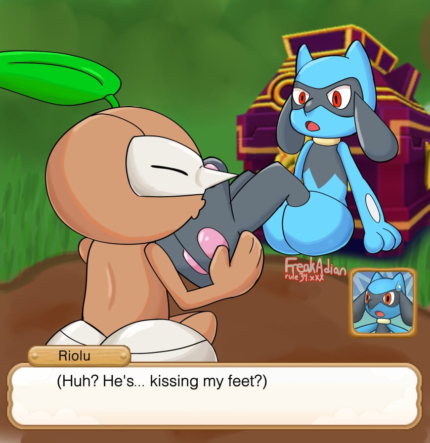 blue_fur closed_eyes dialogue foot_fetish foot_focus holding_feet kissing kissing kissing_feet leaf nuzleaf on_ground open_mouth paws pokemon pokemon_(species) pokemon_mystery_dungeon pokemon_super_mystery_dungeon riolu self_upload sitting surprised