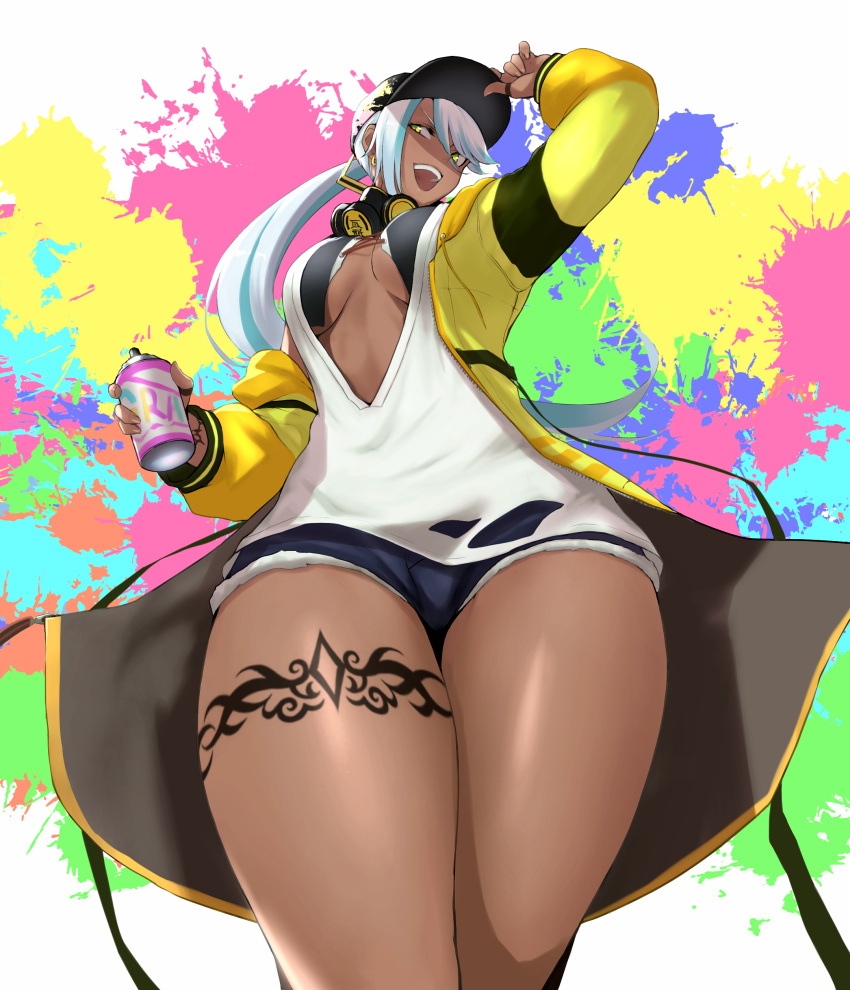 1girls anagumasan baseball_cap blue_hair breasts choker cleavage dark-skinned_female dark_skin earrings female female_only green_eyes hat isla_(kof) jacket jewelry king_of_fighters king_of_fighters_xv light_blue_hair long_hair looking_at_viewer mask mask_around_neck multicolored_hair open_mouth oversized_clothes paint ponytail respirator snk solo tattoo thighs