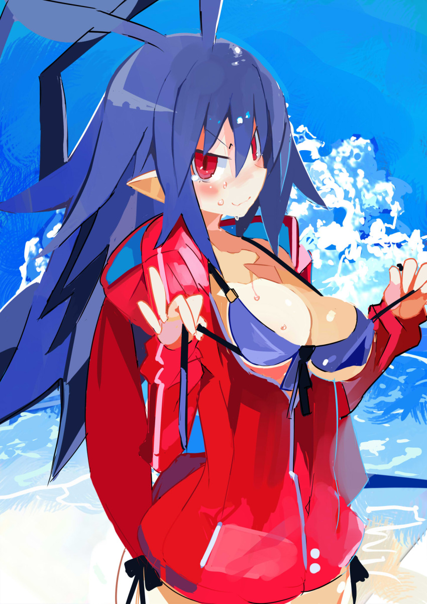 alternate_version_available beach bikini bikini_top blush blushing_at_viewer breasts disgaea disgaea_d2 jacket laharl laharl-chan large_breasts looking_at_viewer miyakawa106 nippon_ichi_software ocean open_clothes