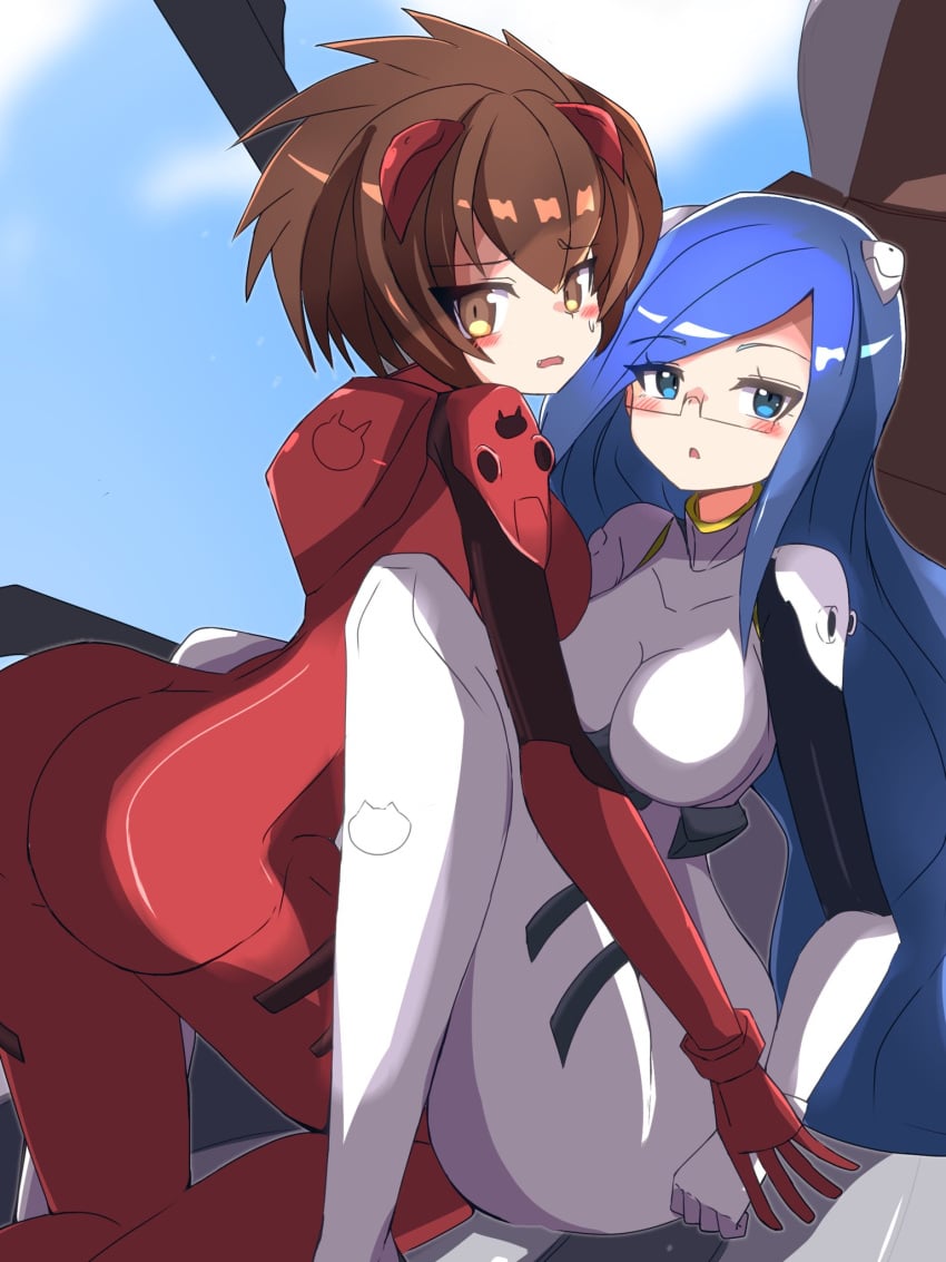 2girls ass asuka_langley_sohryu between_legs blue_eyes blush bodysuit brown_eyes brown_hair collar coppermine_(battle_cats) crossover_cosplay embarrassed extremely_long_hair female female_only firm_breasts girl_on_girl glasses hair_between_eyes hair_ornament hand_on_hand highres interruption kuu_(battle_cats) large_breasts looking_at_viewer medium_hair neon_genesis_evangelion plugsuit rei_ayanami shiny_hair shoulder_pads spread_legs surprised_expression sweat the_battle_cats thick_ass thick_thighs tight_suit yuri