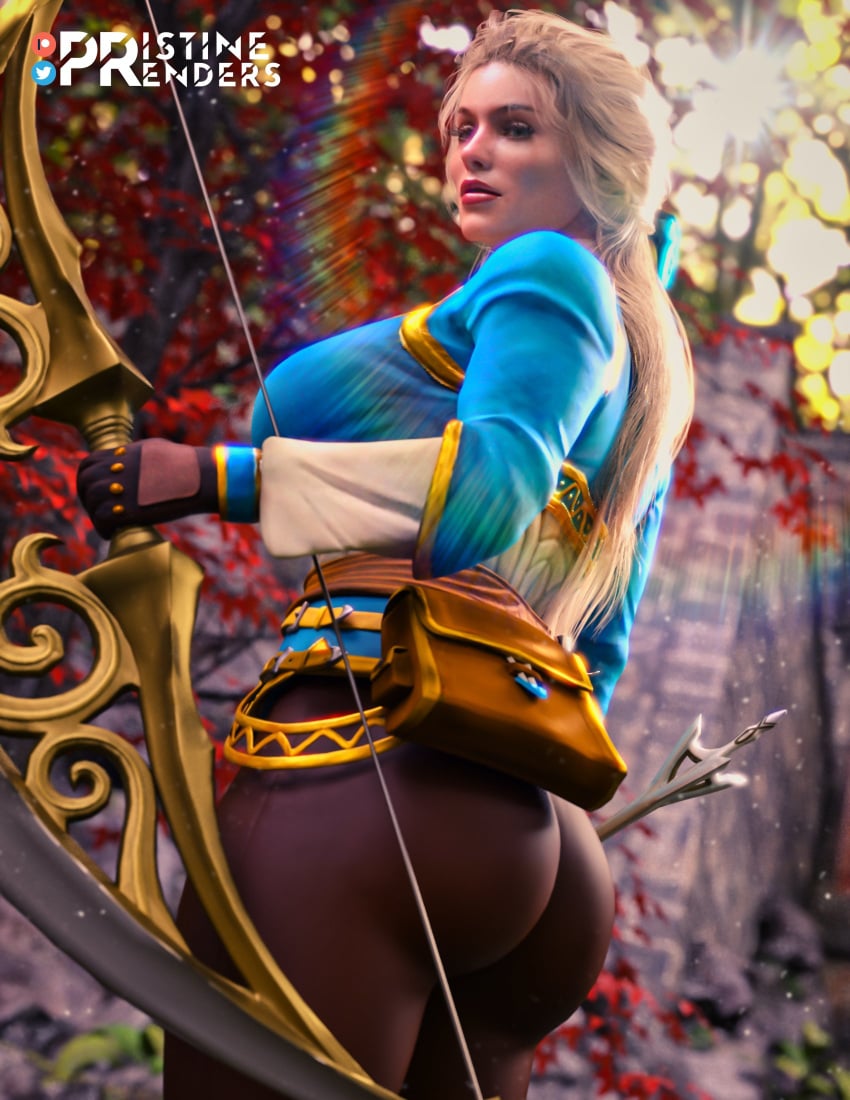 1girls 3d actress ai_generated ass big_ass blonde_hair bow_(weapon) celebrity clothed clothing cosplay female_focus female_only in_character margot_robbie nintendo princess_zelda princess_zelda_(cosplay) pristinerenders tears_of_the_kingdom the_legend_of_zelda tight_clothing watermark