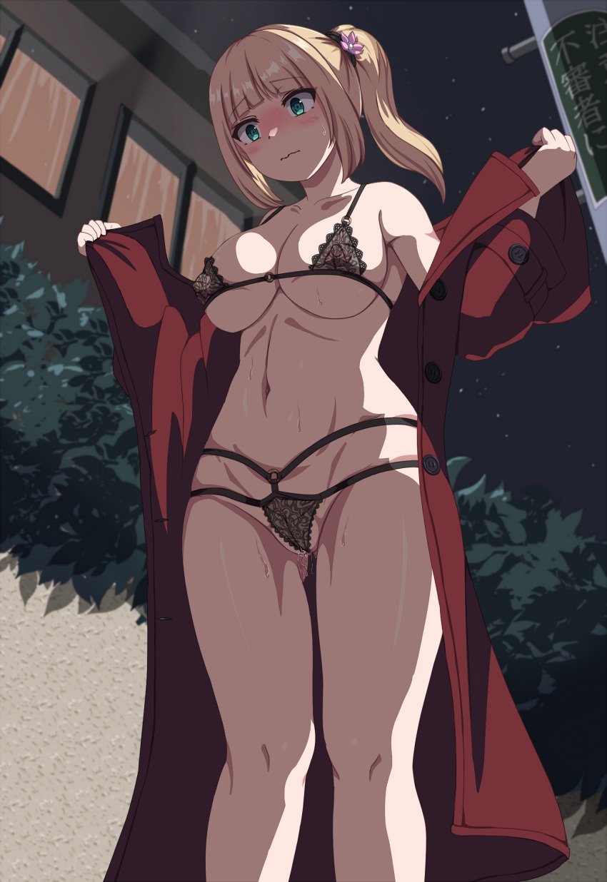 blonde_hair blunt_bangs breasts closed_mouth coat collarbone commentary_request covered_nipples cowboy_shot exhibitionism female from_below green_eyes highres kamiruyana large_breasts long_hair long_sleeves navel night night_sky original outdoors ponytail public_indecency red_coat sky solo standing star_(sky) starry_sky undressing utility_pole