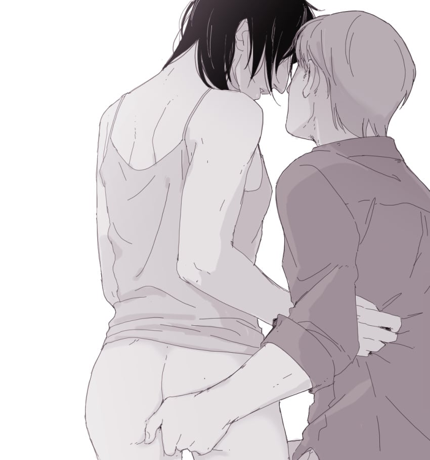 1boy aquiline_nose ass attack_on_titan bottomless breasts camisole collared_shirt female fingering fingering_from_behind greyscale hanji_zoe hanpetos highres masturbation moblit_berner monochrome parted_lips shingeki_no_kyojin shirt shoulder_blades small_breasts straight