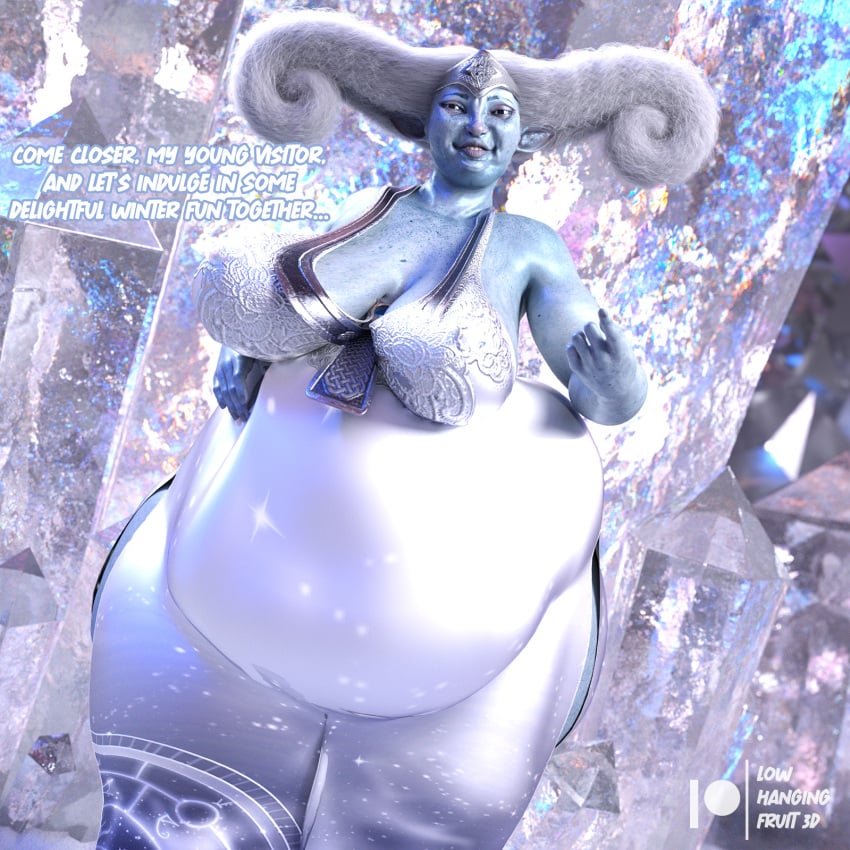 3d 3d_(artwork) ass bbw big_feet blue_body blue_skin breasts chubby chubby_female crown crystal daz3d daz_studio dialogue dress female female_only gilf granny hair large_ass large_butt legs long_ears looking_at_viewer lowhangingfruit3d_(artist) old_woman older_female overweight overweight_female pinup solo solo_female solo_focus standing thick thick_ass thick_thighs thighs white_hair wide_hips winter_fae