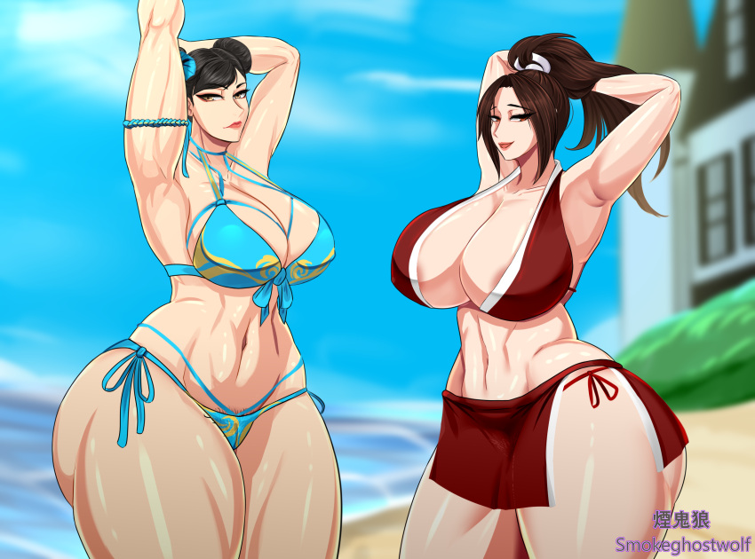 2girls armpits asian asian_female big_ass big_breasts big_butt big_thighs black_hair capcom chinese_female chun-li female female_only hairy_pussy huge_ass huge_butt japanese_female king_of_fighters light_skin mai_shiranui multiple_girls ponytail smokeghostwolf snk street_fighter swimsuit thick_thighs wide_hips