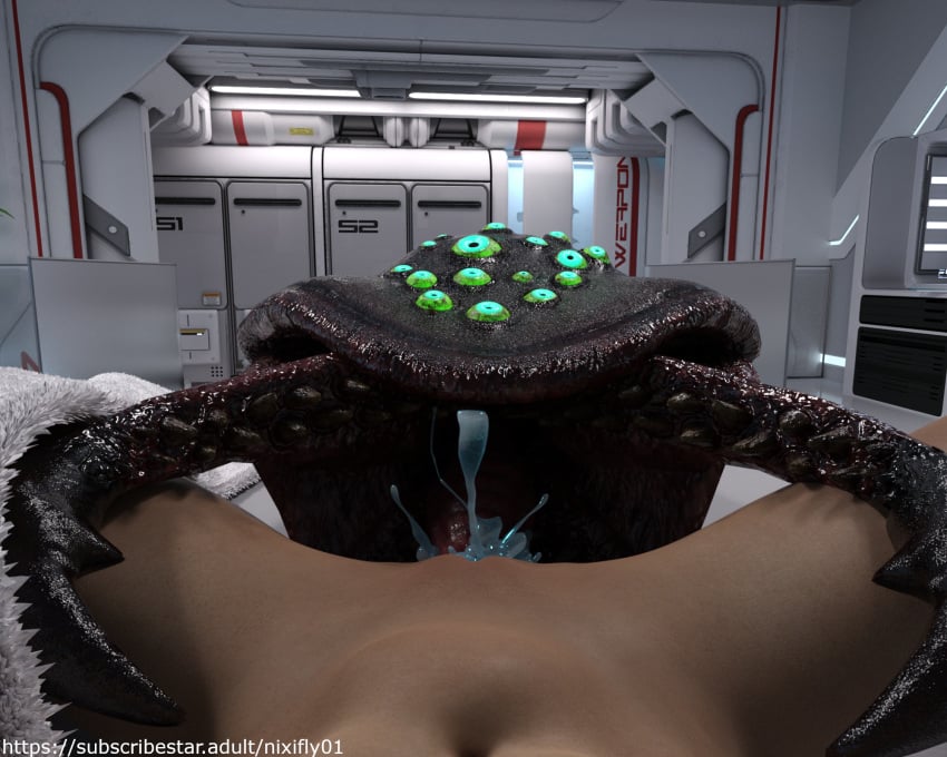 blue_cum colored_cum daz3d daz_studio female_pov glowing_eyes monster nixifly01 stomach_bulge teeth worm zoophilia