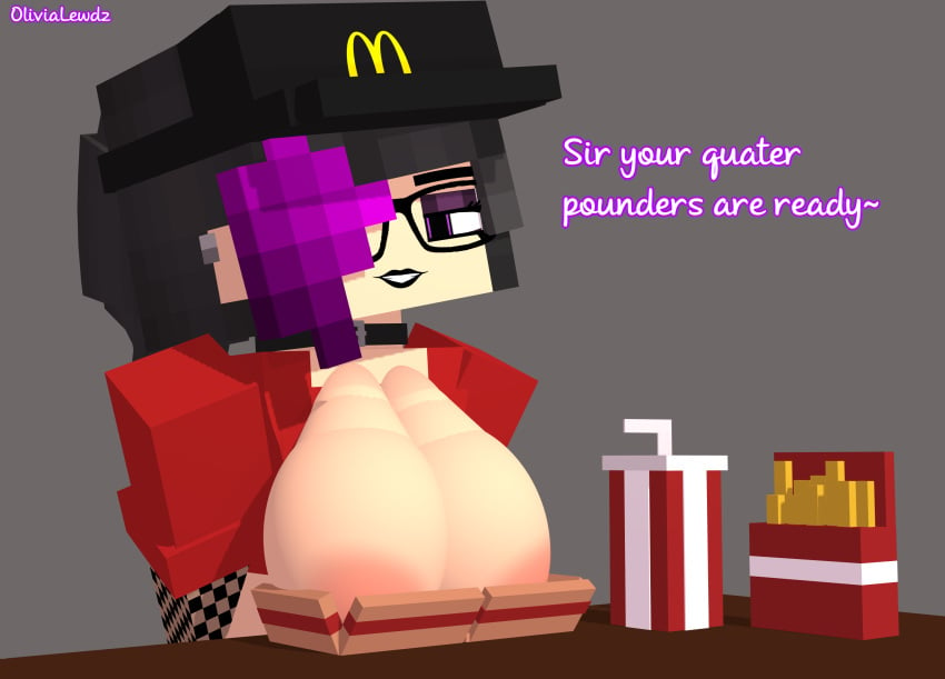 1girls 3d big_breasts breasts drink dyed_hair ear_piercing eyeliner fishnets french_fries goth_girl horny_female human humanoid lipstick looking_at_viewer makeup mcdonald's mine-imator minecraft multicolored_hair olivia_(olivialewdz) olivialewdz only_female outline_speech_bubble outside purple_eyes restaurant smile smug_face solo solo_female tagme