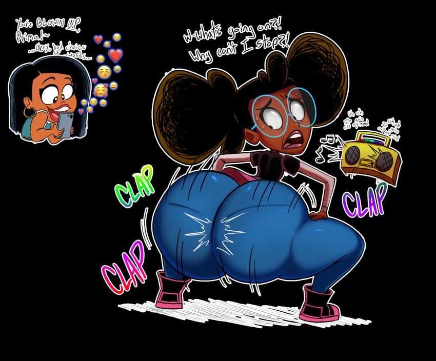 2girls afro_puffs ass ass_expansion ass_focus big_ass big_butt black_background black_hair body_control boombox casey_calderon clapping clapping_ass clapping_cheeks concerned dark-skinned_female dark_skin dialogue disney disney_channel emoji emojis female_only glasses gold_boombox_(prevence) hands_on_legs hands_on_thighs heart heart_emoji huge_ass huge_butt jeans looking_back lunella_lafayette marvel marvel_comics moon_girl_and_devil_dinosaur motion_lines oddrich pantylines phone recording recording_on_phone scared shoes sound_effects sweat sweatdrop sweating thick_ass thick_thighs thighs throwing_it_back twerk_hypnosis twerking