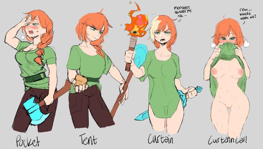 1girls alex_(minecraft) bottomless clothing female flashing ginger_hair green_eyes human light-skinned_female light_skin minecraft orange_hair pale_skin redhead shirt_cut_meme tagme void_dot_exe weapon