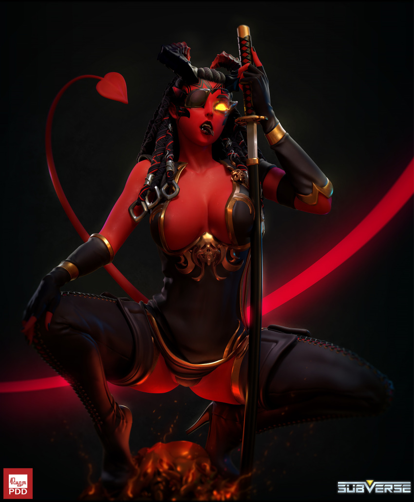 1girls 3d 3d_(artwork) alien_girl areolae ass black_hair breasts dzung_phung_dinh glowing_eyes horns killision_(subverse) large_breasts nipples red_skin subverse tail thick_thighs thighhighs thighs