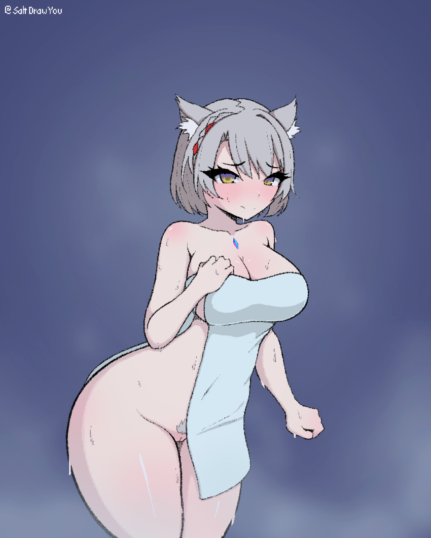 1girls big_breasts cat_ears core_crystal curvy female female_focus female_only gem gray_hair green_eyes medium_hair mio_(xenoblade) pubic_hair pussy saltdrawyou shy sweat towel towel_only vagina xenoblade_(series)