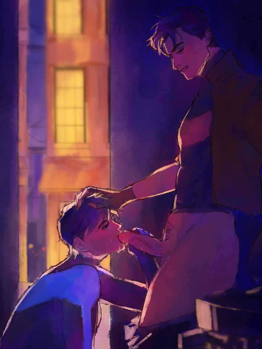 2boys alley batcest batman_(series) blowjob bottomless dc dc_comics dick_grayson exhibitionism gay hand_on_head jason_todd jaydick male male/male male_focus male_only nightwing oral oral_penetration oral_sex public red_hood_(dc) semi_public sucking_penis yaoi 和风