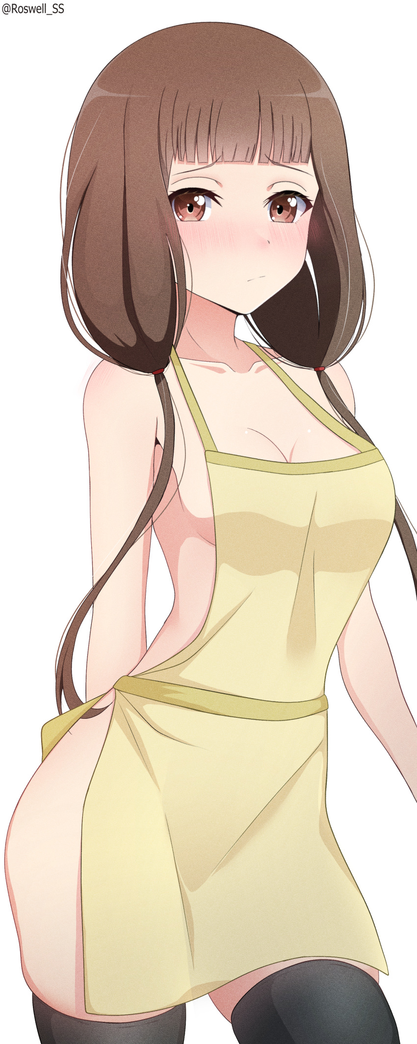 1girls apron apron_only bangs black_legwear blush brown_eyes brown_hair cleavage hi_res iino_miko kaguya-sama_wa_kokurasetai_~tensai-tachi_no_renai_zunousen~ legwear long_hair looking_at_viewer medium_breasts naked_apron ponytail roswell-ss simple_background standing thick_thighs thighhighs white_background