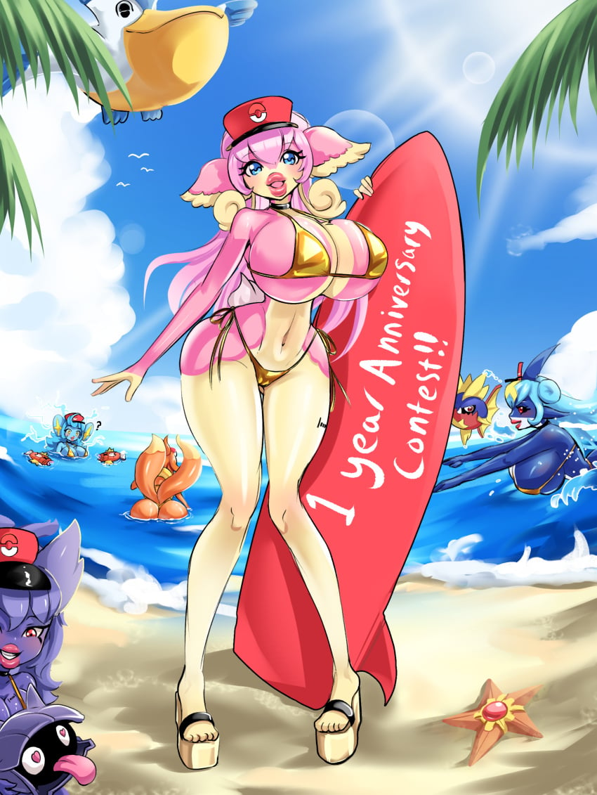 2023 anniversary ass audino barcode barcode_tattoo beach bikini bimbo bimboaudino bimbovaporeon breasts buizel buoysel carvanha female game_freak gangar gengar gold_(metal) gold_bikini heal_slut_(bimbovaporeon) high_heels hitodeman holding_surfboard huge_ass huge_breasts kibanha kolink latex long_tongue magikarp nintendo outdoors pelipper pokemon samehader sharpedo shellder shinx solo staryu surfboard tabunne thick_thighs wide_hips wingull