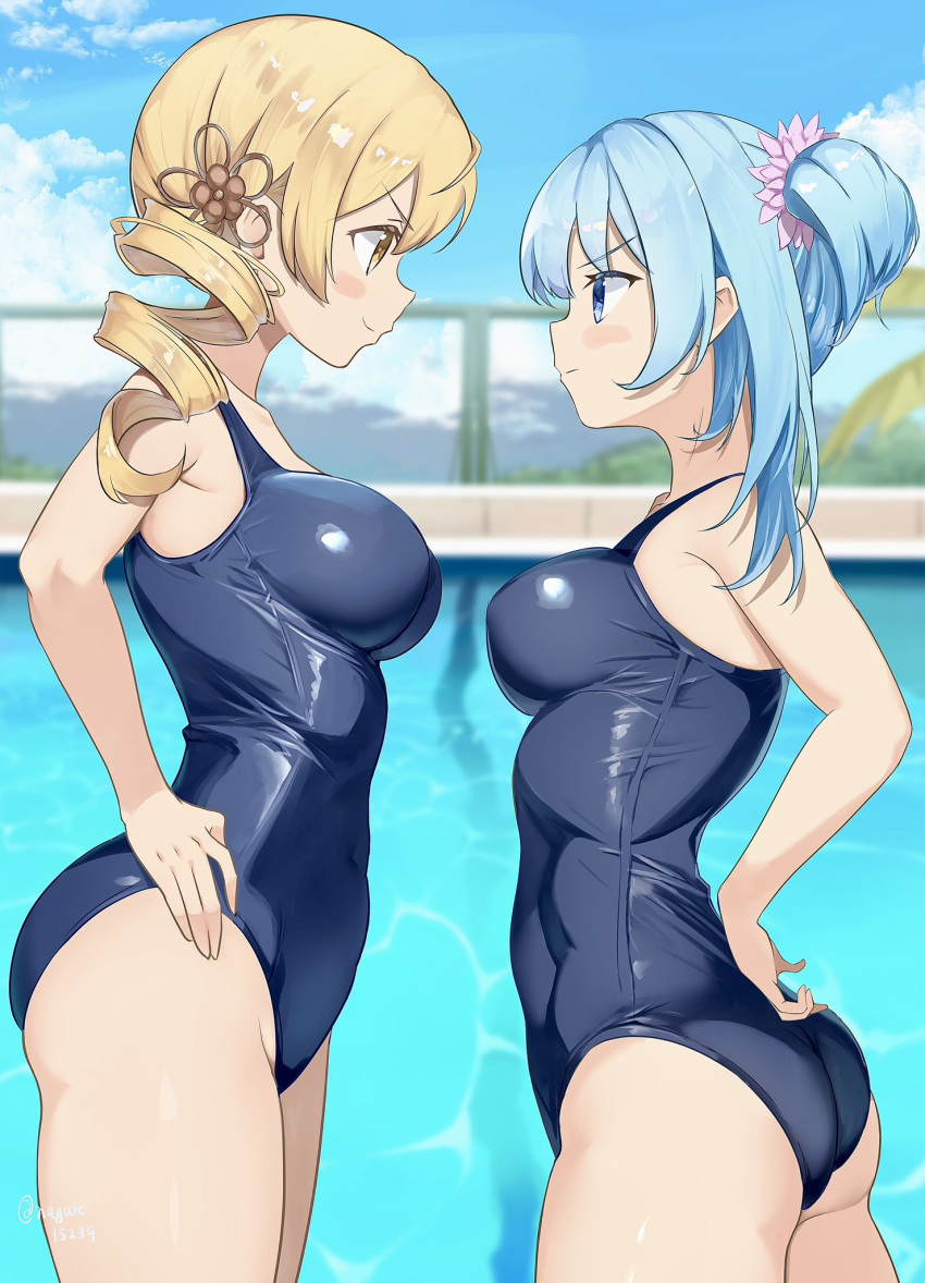 2girls annoyed artist_request ass big_ass big_breasts blue_hair busty confident covered_navel drill_hair face_to_face female female_only from_side hair_ornament hand_on_hip hands_on_hips large_breasts legs magia_record:_mahou_shoujo_madoka_magica_gaiden magical_girl mahou_shoujo_madoka_magica minami_rena multiple_girls nagare_(flow) pool school_swimsuit schoolgirl sideboob smile swimming_pool swimsuit thick_thighs thighs tomoe_mami twintails yellow_hair