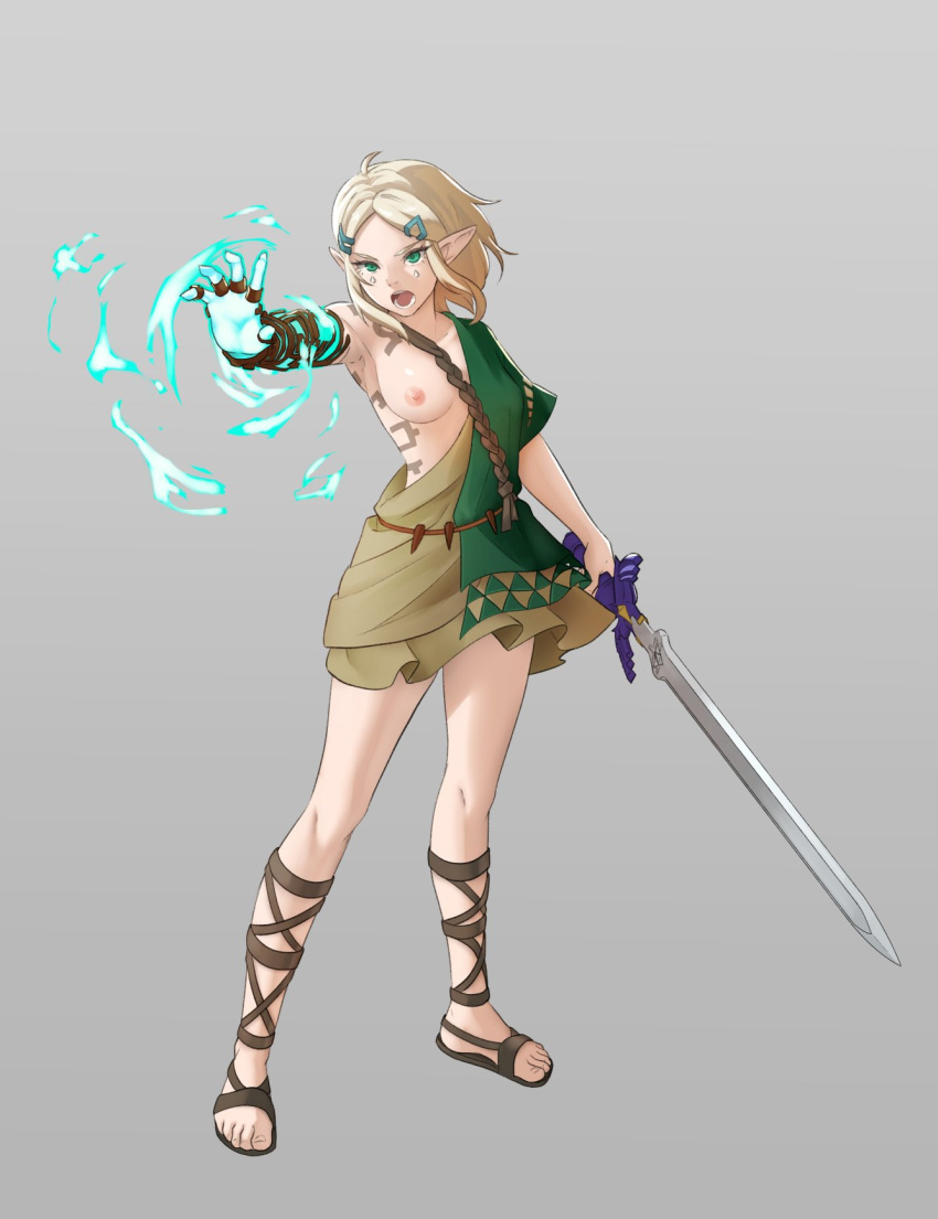 1girls archaic_tunic blonde_hair breasts casual clothing cosplay english_commentary female female_only footwear full_body gameplay_mechanics gladiator_sandals green_eyes green_tunic grey_background hair_ornament hairclip highres holding holding_sword holding_weapon humanoid hylian link link_(cosplay) link_(tears_of_the_kingdom) master_sword medium_breasts nintendo nipples one_breast_out open_mouth pale_skin parted_bangs pomelomelon princess_zelda sandals short_hair simple_background single_bare_shoulder solo sword teardrop_facial_mark tears_of_the_kingdom the_legend_of_zelda toes weapon zelda_(tears_of_the_kingdom) zelda_protagonista