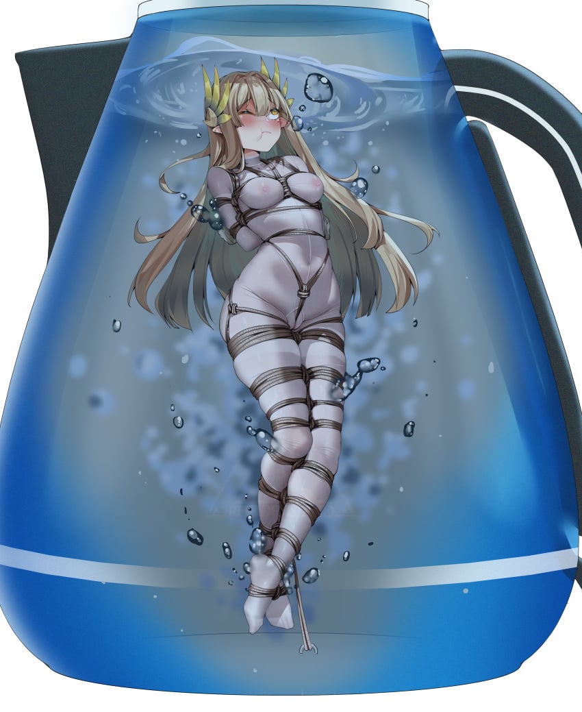 ;( absurdres air_bubble aiza-ku arknights arms_behind_back asphyxiation blush bodystocking bondage bound bound_arms breasts brown_eyes brown_hair bubble cameltoe closed_mouth covered_navel crotch_rope drowning elf full_body full_bodystocking hair_ornament highres kettle long_hair looking_up medium_breasts mole mole_under_eye muelsyse_(arknights) neglect_play nipples pointy_ears restrained see-through shibari_over_clothes stationary_restraints submerged underwater very_long_hair water