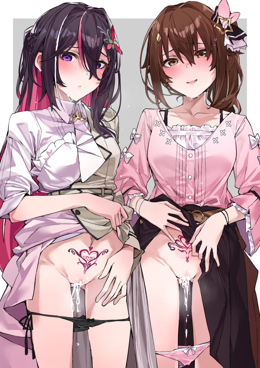 2girls azki_(4th_costume)_(hololive) azki_(hololive) black_hair black_panties blush bow bow_panties breasts brown_eyes brown_hair clothes_lift collarbone colored_inner_hair cum cum_in_pussy cum_inside female female_only hair_between_eyes hair_flaps hair_intakes hair_ornament hair_ribbon hairclip highres hololive hololive_gen_0 hololive_japan lifted_by_self long_hair long_sleeves multicolored_hair multiple_girls official_alternate_costume open_mouth panties pink_hair pink_panties pink_ribbon pubic_tattoo purple_eyes pussy ribbon side_ponytail star_(symbol) star_hair_ornament streaked_hair tattoo tokino_sora tokino_sora_(3rd_costume) underwear virtual_youtuber yuukauta