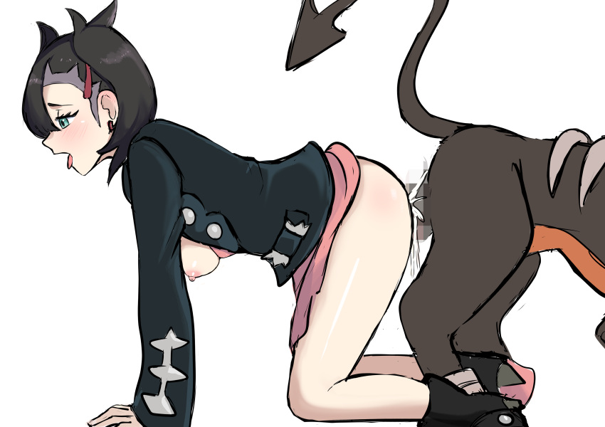 1boy 1boy1girl 1girls ahe_gao all_fours ass bestiality black_hair blue_eyes breasts canine canine_genitalia canine_penis censored censored_penis clothed_female clothed_sex cum cum_inside dominant_feral female female_human female_human/male_feral female_on_feral femsub houndoom human human_female interspecies knotted knotting male male_pokemon male_pokemon/female_human maledom marnie_(pokemon) mosaic_censoring nipples nivi no_bra no_panties open_mouth pokemon pokemon_(species) pokephilia sex skirt skirt_up small_breasts tongue tongue_out white_background zoophilia