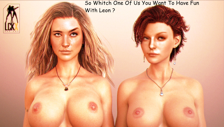 2girls 3d alt_cunningham areolae ashley_graham ashley_graham_(ella_freya) big_breasts blonde_female blonde_hair blonde_hair_female brown_eyes brown_lips brown_lipstick brown_nipples capcom cd_projekt_red close-up crossover cybercole360 cyberpunk_2077 earrings edit edited english_text erect_nipples eye_contact eyebrows eyeliner eyes eyeshadow female female_only female_with_female freckles freckles_on_face games hazel_eyes heart_locket human jewelry lips lipstick locket long_hair looks_can_kill medium_breasts messy_hair naked naked_female necklace nude nude_female pink_nipples red_hair render resident_evil resident_evil_4 resident_evil_4_remake shorts simple_background tease teasing teasing_viewer third-party_edit video_games wavy_hair xnalara xps