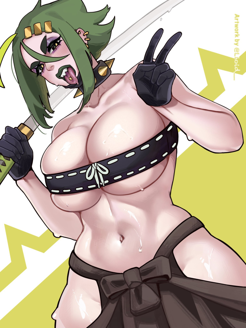 1girls bandeau big_breasts blush breast_squish female female_only gloves green_hair green_lipstick hairclip hakama hi_res japanese_clothes katana lloid looking_at_viewer midori_(rizdraws) narrowed_eyes open_mouth sharp_teeth skimpy skimpy_clothes solo spiked_collar tongue_out tongue_piercing topwear v_sign