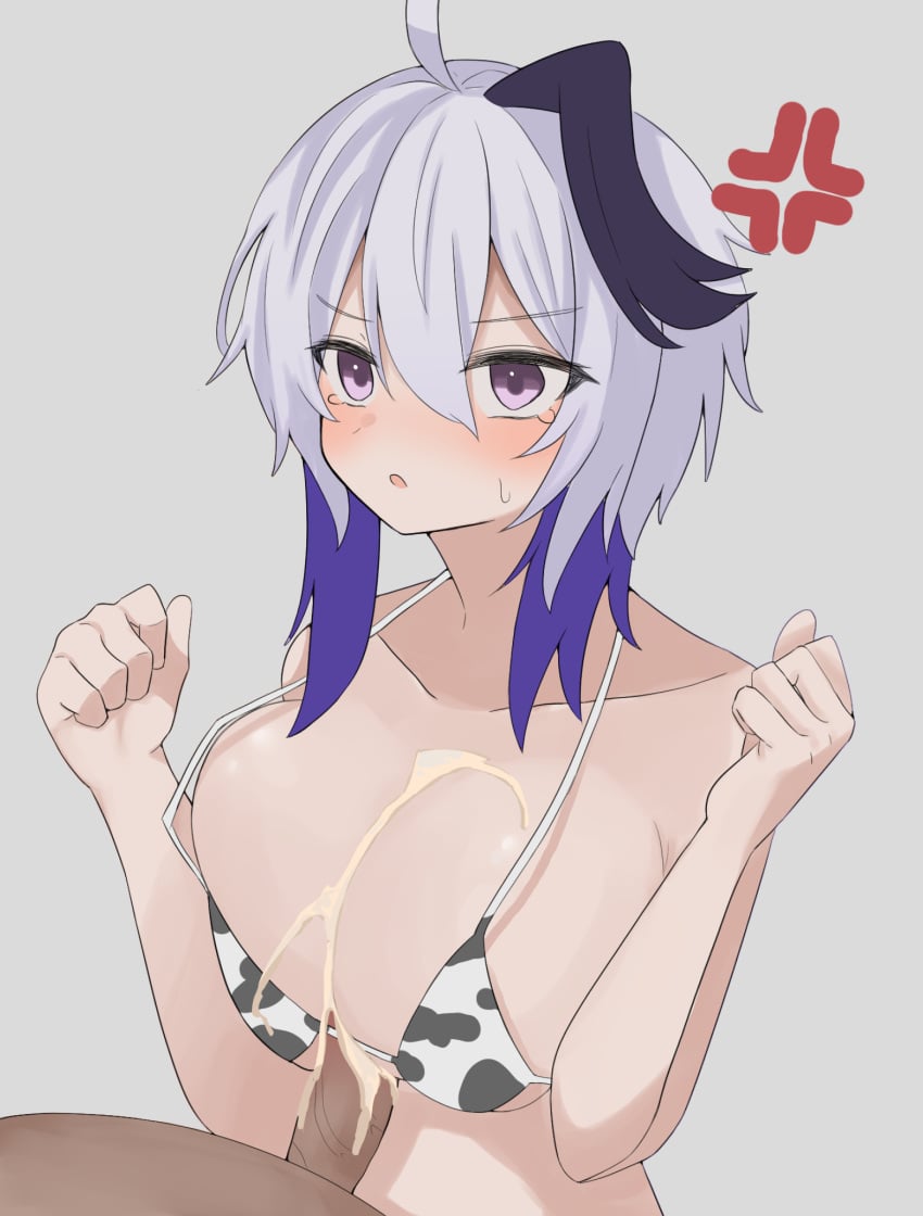 1boy 1girls ajimui anger_vein angry between_breasts bikini cow_print cow_print_bikini cum cum_on_breasts dark-skinned_male dark_skin ejaculation hetero large_breasts light-skinned_female light_skin multicolored_hair paizuri purple_eyes purple_hair v_flower vocaloid white_hair