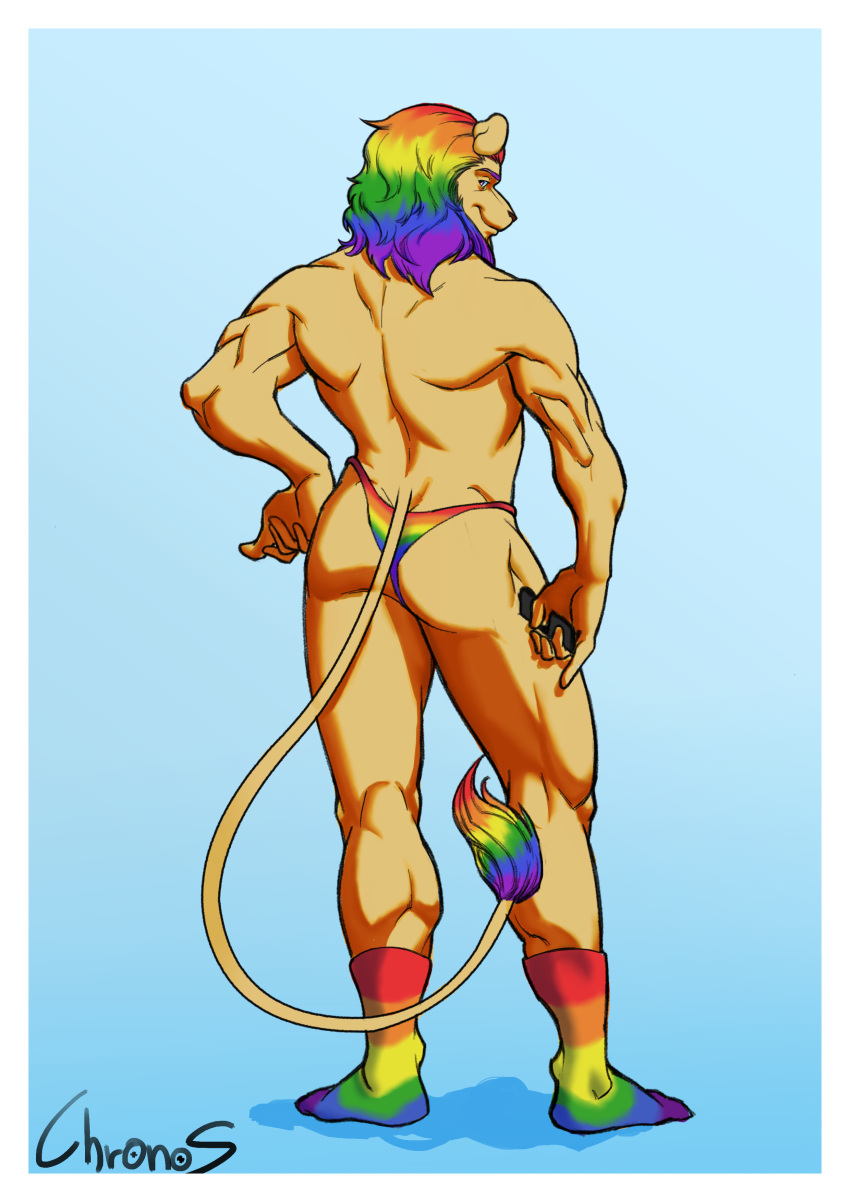 anthro ass background big_ass feet furry lgbtqia lion male male_only mammal mane muscles muscular_male pride purple_eyes smile socks solo strong tail thong yellow_body