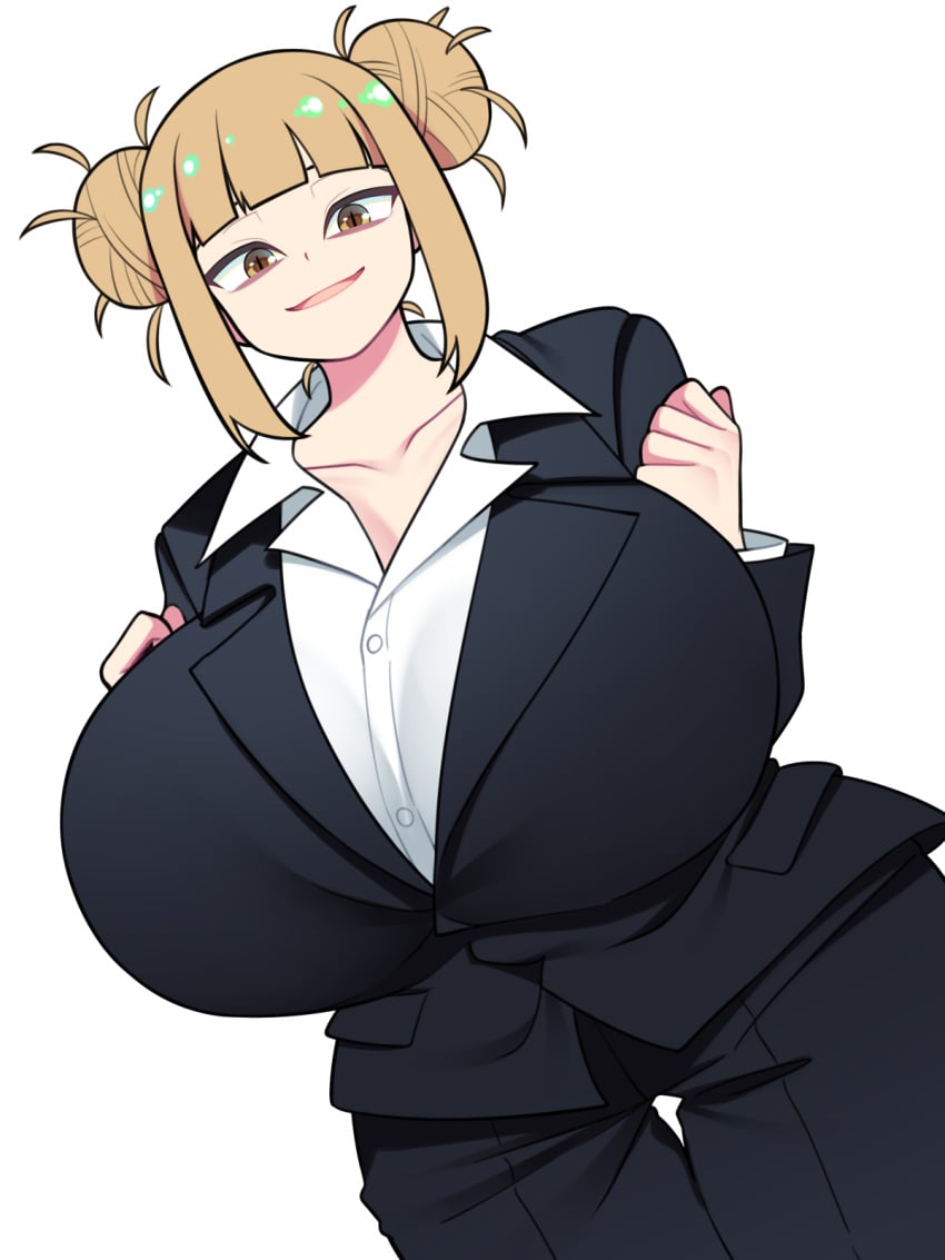 1girls alternate_version_available bellupup big_breasts blonde_hair breasts business_suit business_woman clothing double_bun female female_only hair himiko_toga huge_breasts large_breasts my_hero_academia office_lady solo solo_female thighs venus_body yellow_eyes