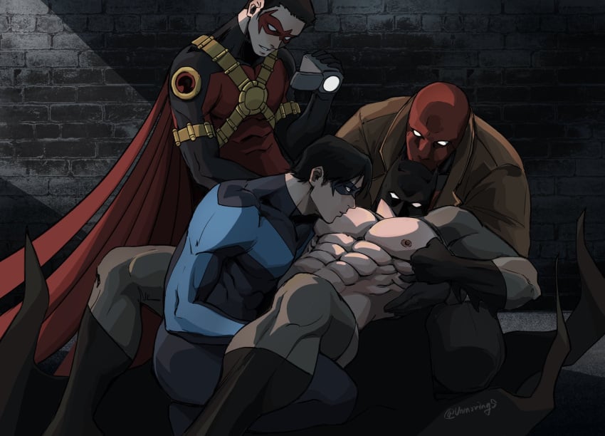 4boys anal anal_sex bara batcest batman batman_(series) big_sub brudick brujay brutim dc dc_comics dick_grayson filming foursome gay jason_todd male male/male male/male/male/male male_only male_penetrating_male muscular_male muscular_sub nightwing no_visible_genitalia recording red_hood_(dc) red_robin shirt_pulled_up three_on_one tim_drake unmoving yaoi