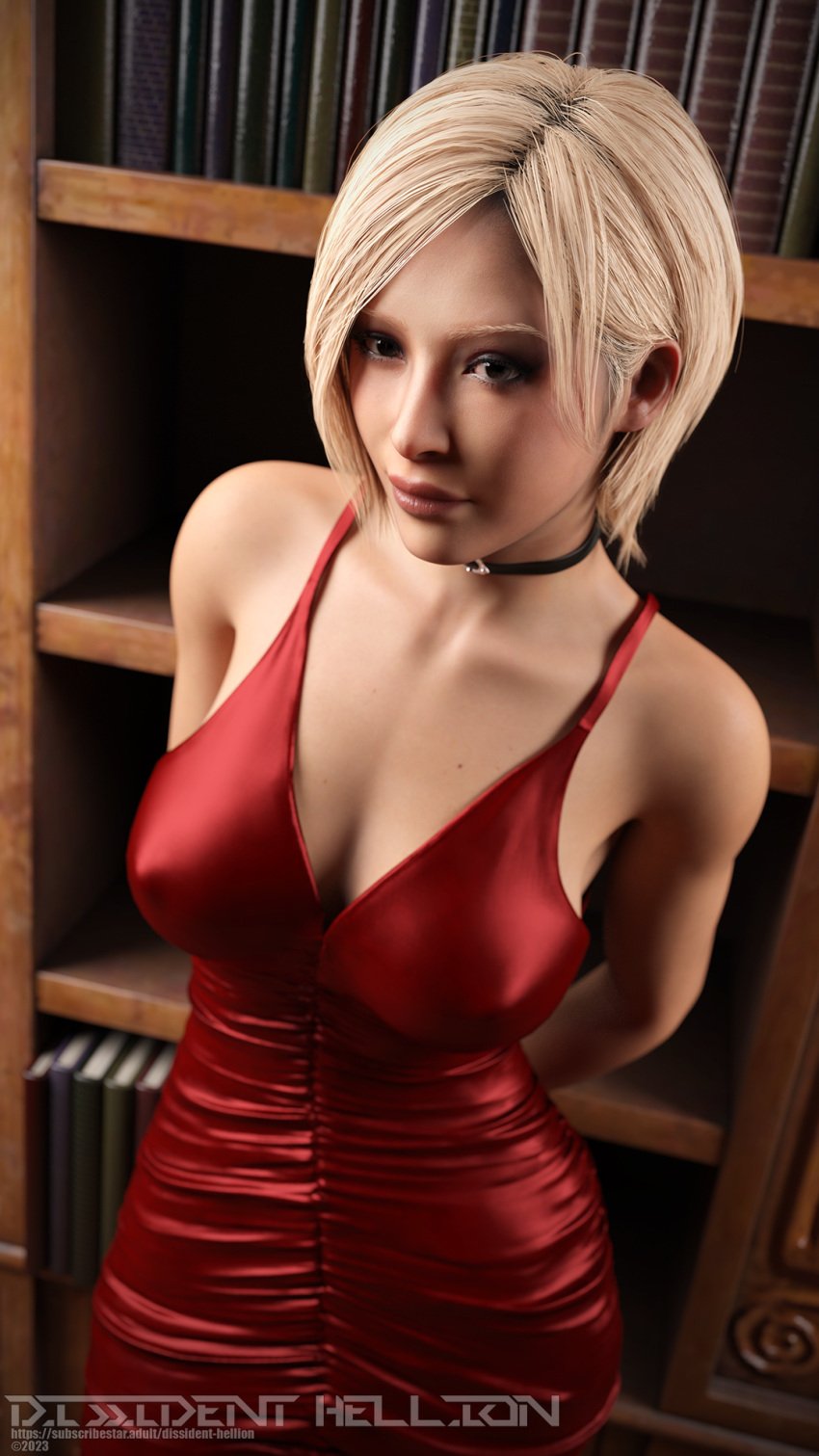 1girls 3d 3d_(artwork) ada_wong alternate_hair_color biohazard blonde_hair brown_eyes cg choker daz_studio depth_of_field dissidenthellion dress eye_contact fan_character fanart female female_focus female_only fully_clothed original pinup red_dress resident_evil sfw solo solo_female solo_focus