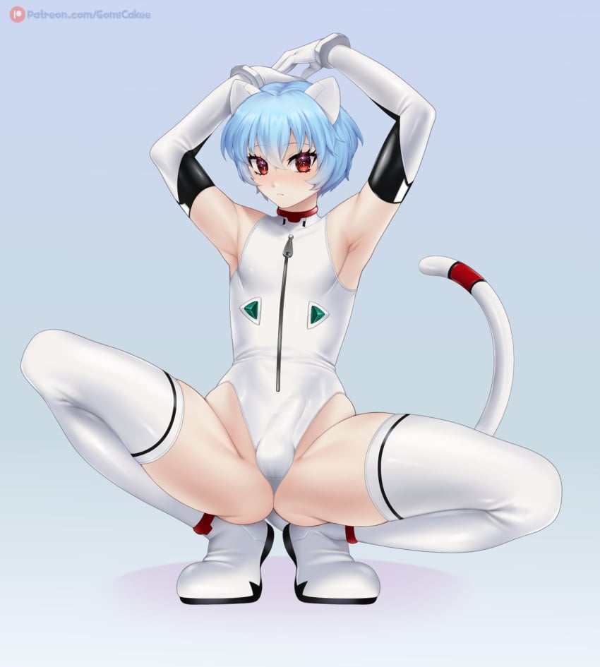 1boy armpits blue_hair bodysuit bulge cat_ears cat_tail clothing femboy genderswap_(ftm) gomi-cake human latex male male_only neon_genesis_evangelion pale_skin plugsuit red_eyes rei_ayanami rule_63 solo spread_legs white_latex yaoi