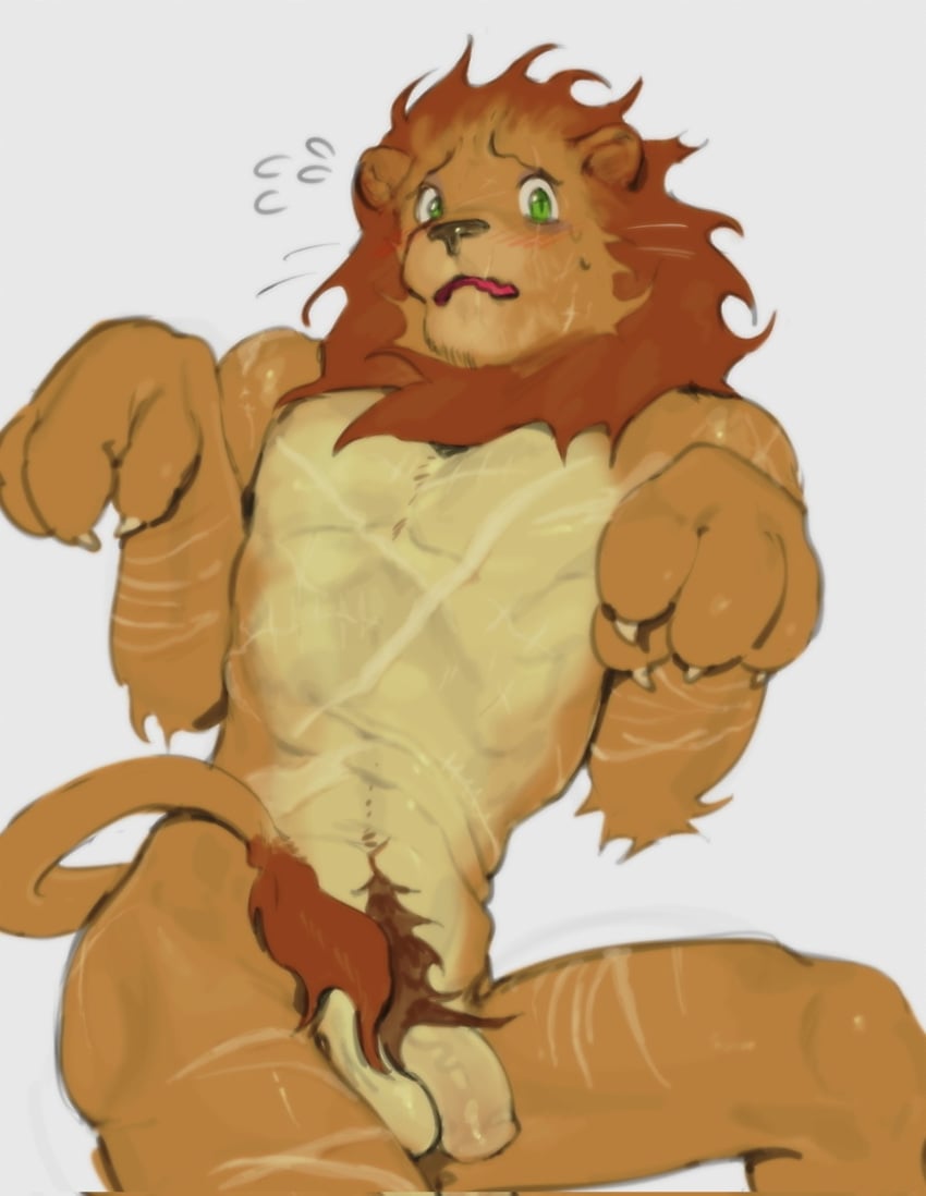 2023 anthro balls blush blush_lines bodily_fluids body_hair brown_mane cowardly_lion digital_media_(artwork) eyebrows felid flying_sweatdrops foreskin frown genitals glans happy_trail hi_res humanoid_genitalia humanoid_penis kogito lion looking_at_viewer male male_only mammal mane navel nervous nude open_frown open_mouth pantherine penis pubes scar simple_background solo sweat sweatdrop tail tail_tuft the_wizard_of_oz the_wonderful_wizard_of_oz tuft unretracted_foreskin white_background