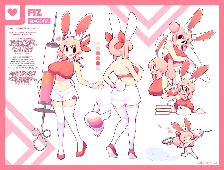 1girls absurd_res big_breasts black_eyes bunny_ears bunny_girl bunny_tail character_sheet english_text female female_only fiz fizintine multiple_views nurse pink_hair solo text_box thighhighs white_thighhighs