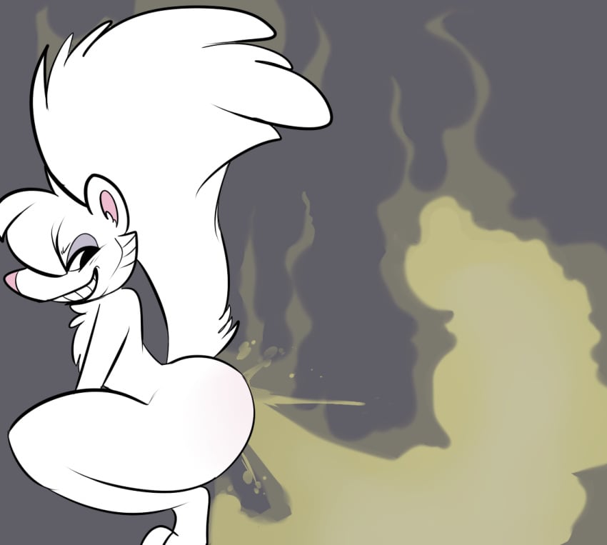 anthro ass crouching fart fart_fetish fur grey_background grin harp_(skunkbutts) male mammal mephitid naughty_face nude raised_tail simple_background skunk skunkbutts slim smelly smile solo tail white_body white_fur