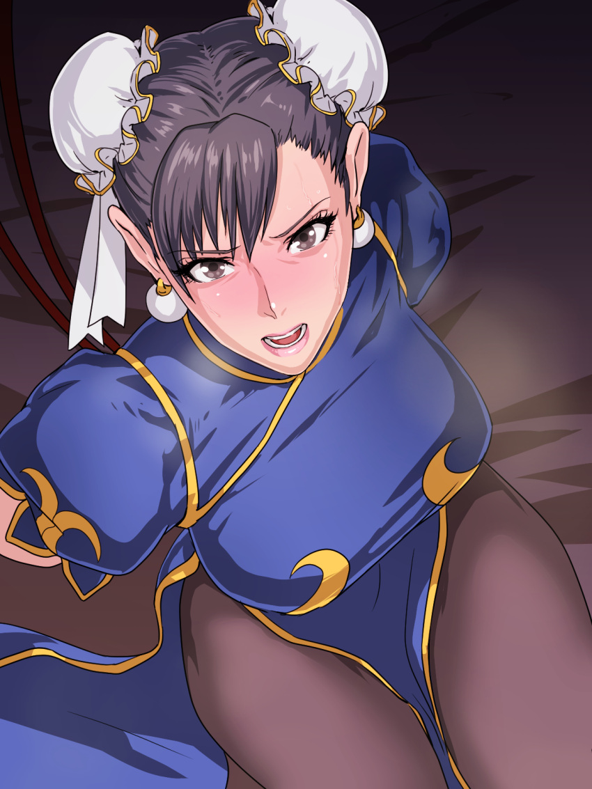 arms_behind_back bed black_eyes black_hair blush bound breasts chinese_clothes chun-li double_bun earrings female heavy_breathing hentaix highres imminent_rape large_breasts legs looking_at_viewer open_mouth pantyhose puffy_sleeves restrained short_sleeves sitting solo street_fighter thighs tied_up