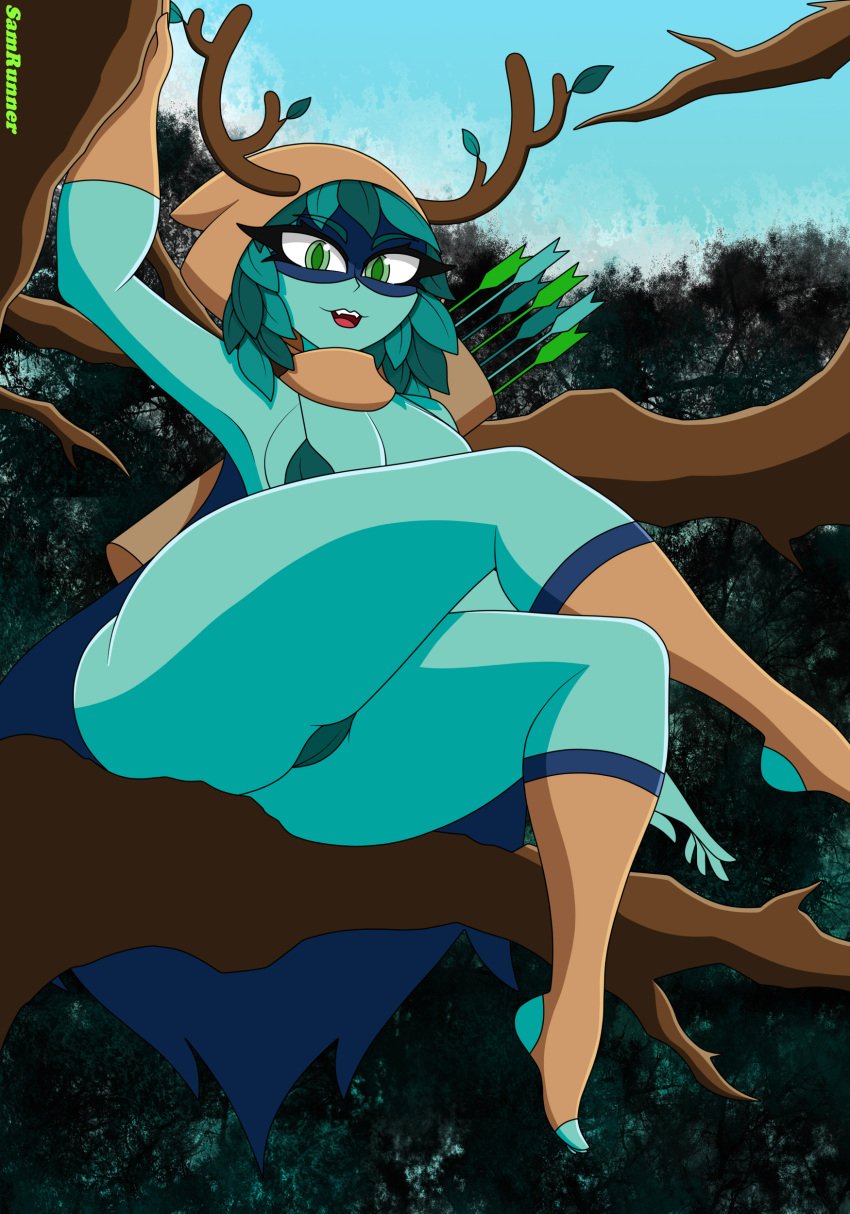 1girls adventure_time ass big_ass big_breasts big_butt breasts clothing forest green_skin horns huntress_wizard looking_at_viewer looking_down samrunner thick_thighs thighhighs