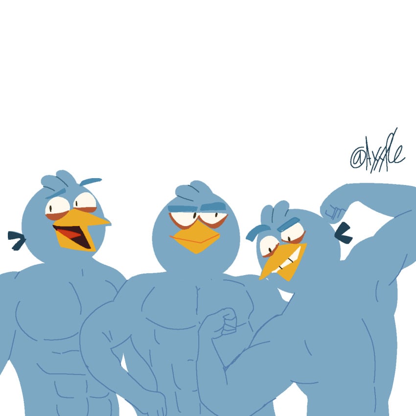 3boys abs angry_birds ayyyple beak biceps bird bird_beak blue blue_bird blue_hair flexing flexing_bicep funny gay male male_only males_only meme naked naked_male rovio sega the_blues_(angry_birds) white_background yayamijoya