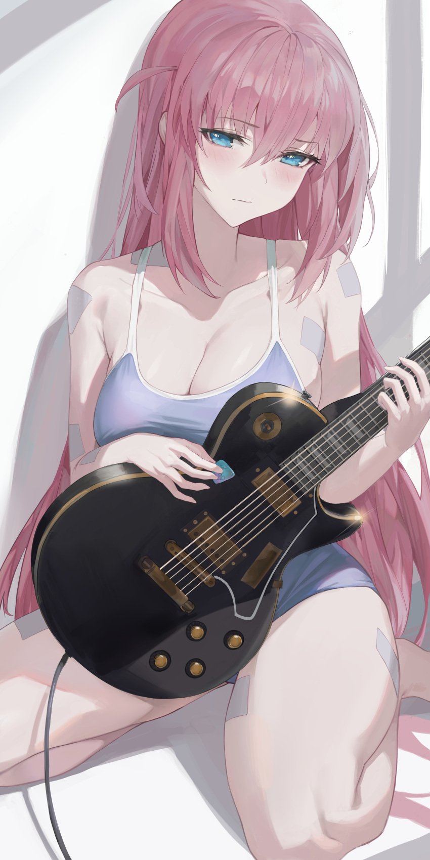 alternate_costume bafangyu bandages bandaid_on_arm bandaid_on_leg blue_eyes blush bocchi_the_rock! breasts cleavage collarbone gotou_hitori guitar guitar_pick les_paul long_hair pink_hair swimsuit thick_thighs thighs