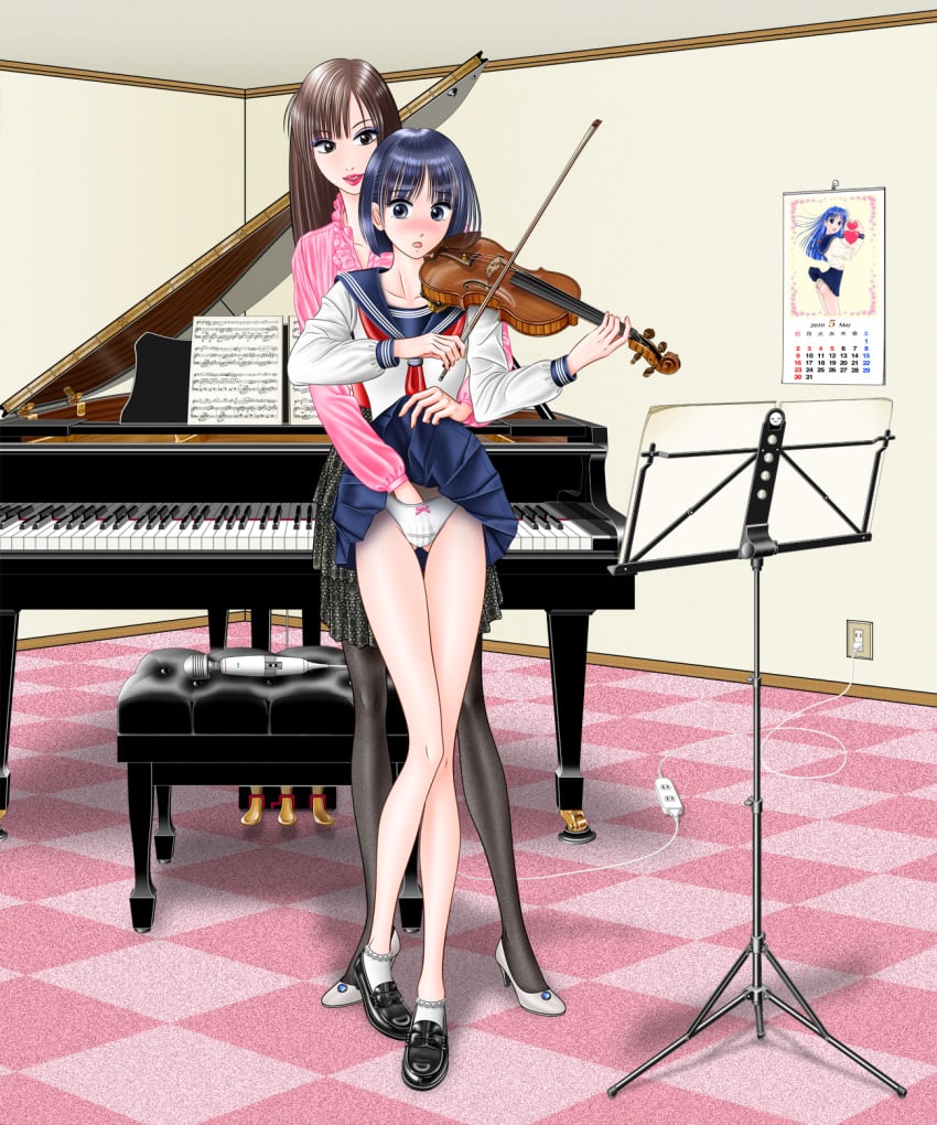 ao_suishou bare_legs blue_eyes blue_hair blush bob_cut bow_(instrument) brown_eyes brown_hair calendar_(object) chair checkered checkered_floor clothing female fingering full_body grand_piano hand_in_panties highres hitachi_magic_wand indoors instrument lips loafers long_hair multiple_girls music_stand okappa original panties pantyhose piano school_uniform serafuku sheet_music shoes short_hair skirt skirt_lift student teacher underwear vibrator violin yuri