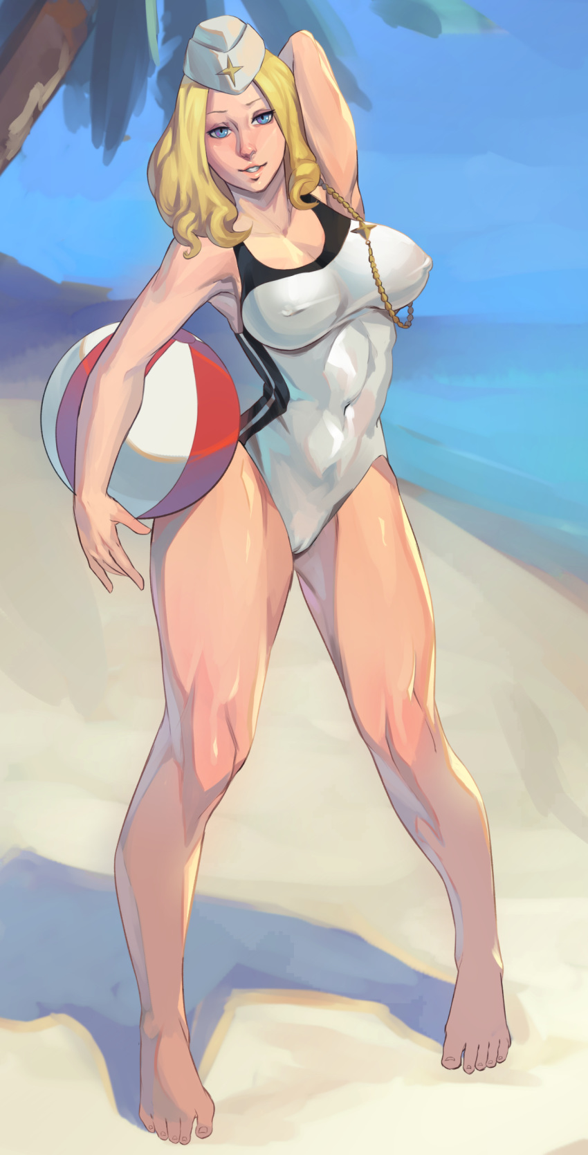 beach beach_ball blonde_hair blue_eyes breasts female hat kolin_(street_fighter) large_breasts lips nidhoggn nipples solo standing street_fighter street_fighter_v swimsuit thick_thighs thighs